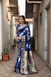 Navy Blue Beautiful Soft Silk Sibory Print With Gold Zari &  Minakari Weaving